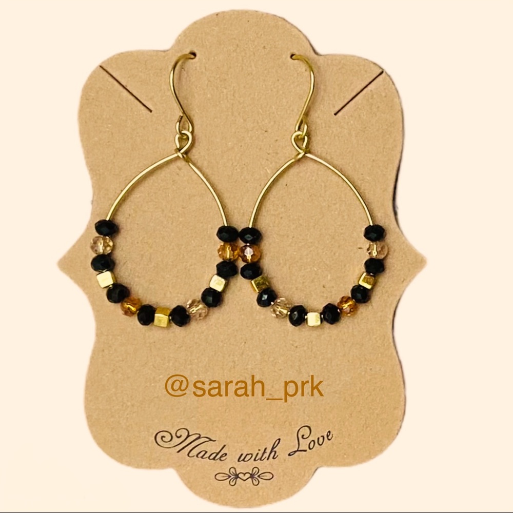 Gold Teardrop Earrings Black & Gold Beads